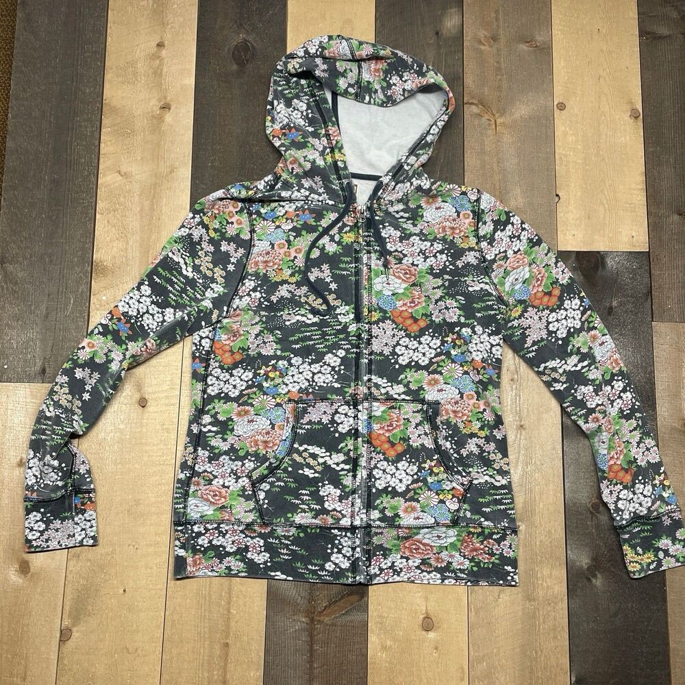 Lucky Brand LARGE Yin Yang Floral Full Zip Hooded Jacket Blossom Vintage Y2K